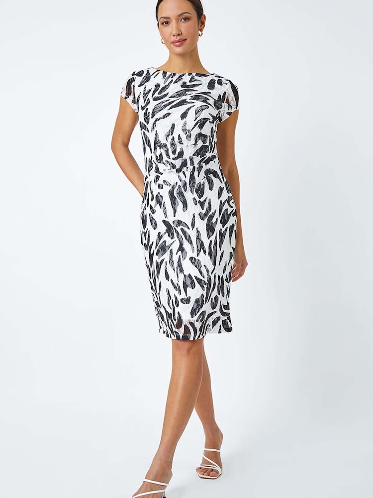 Roman White Leaf Print Stretch Lace Dress - Image 1 of 5 Roman White Leaf Print Stretch Lace Dress - Image 1 of 5