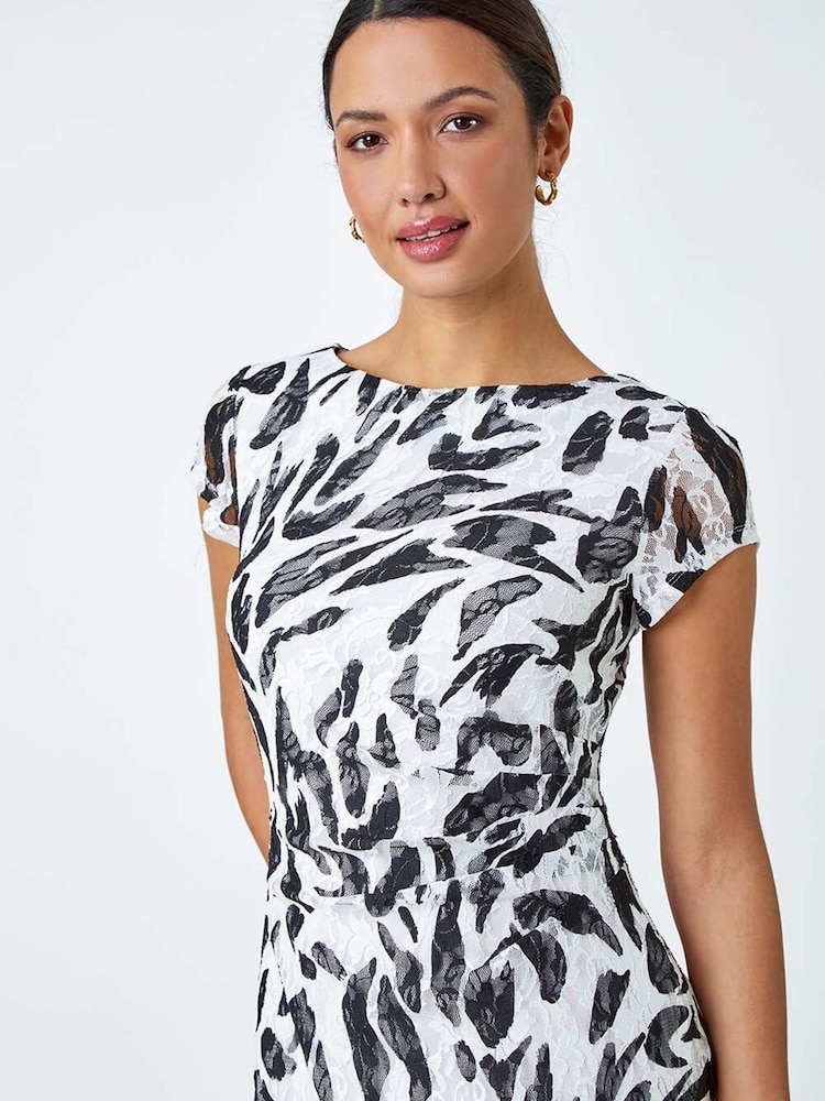 Roman White Leaf Print Stretch Lace Dress - Image 2 of 5 Roman White Leaf Print Stretch Lace Dress - Image 2 of 5