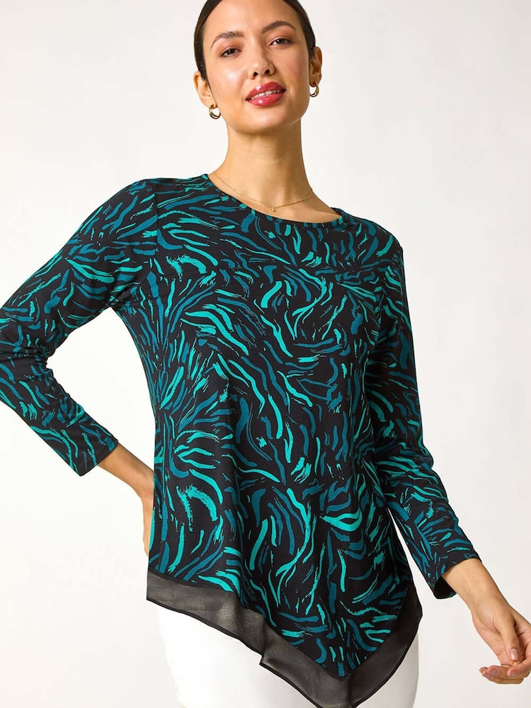 Roman Blue Linear Print Chiffon Hem Stretch Top - Image 1 of 5 Roman Blue Linear Print Chiffon Hem Stretch Top - Image 1 of 5