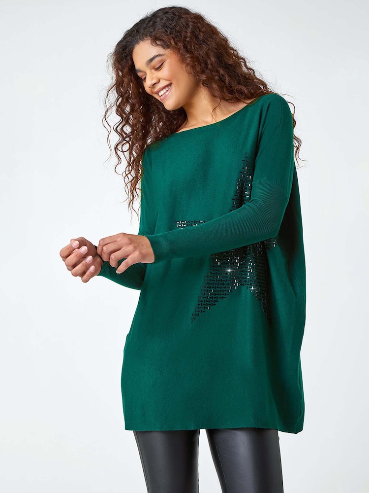 Roman Green Embellished Star Print Longline Jumper - Image 1 of 5 Roman Green Embellished Star Print Longline Jumper - Image 1 of 5