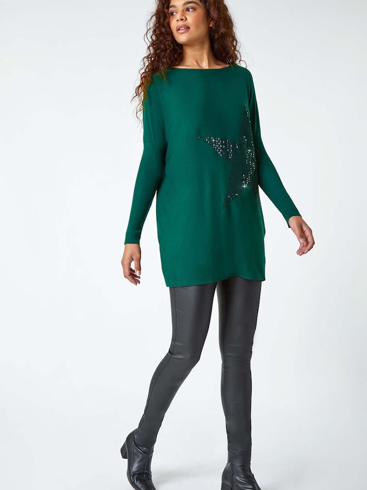 Roman Green Embellished Star Print Longline Jumper - Image 2 of 5 Roman Green Embellished Star Print Longline Jumper - Image 2 of 5