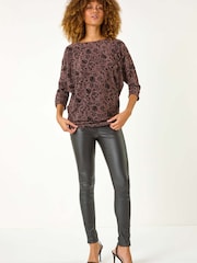 Roman Metallic Floral Print Banded Glitter Top - Image 3 of 5