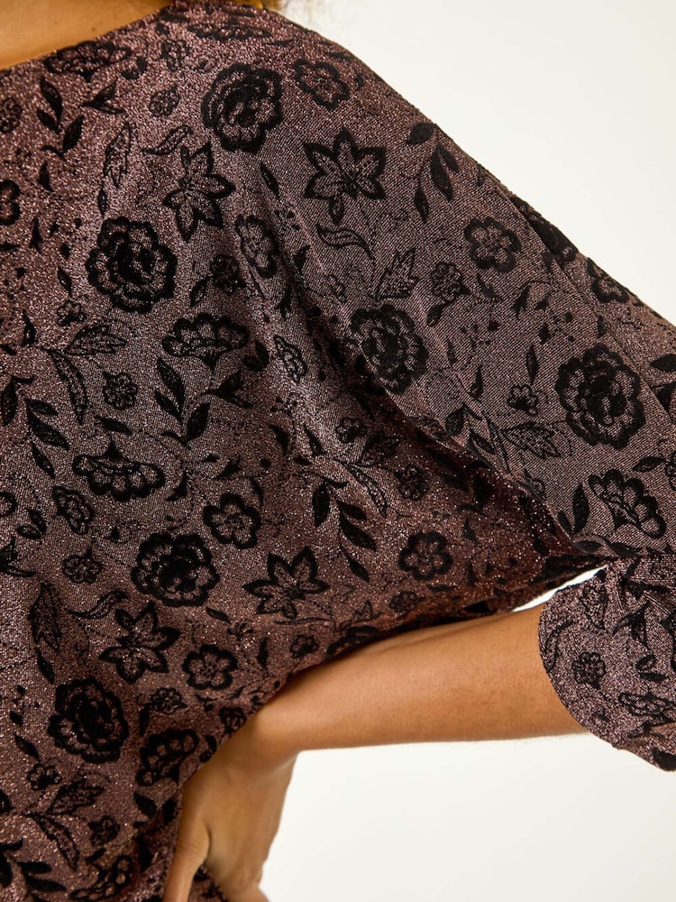 Roman Metallic Floral Print Banded Glitter Top - Image 5 of 5 Roman Metallic Floral Print Banded Glitter Top - Image 5 of 5