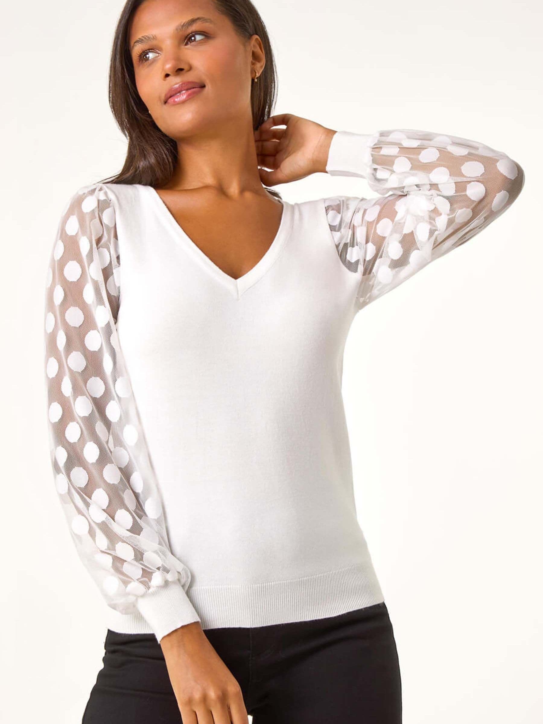 Roman Women's White Polka Dot V-Neck Sleeve Knit Jumper - Image 3