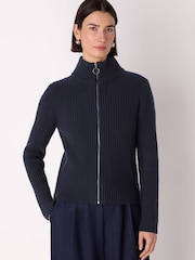 Whistles Blue Wool Zip Front Rib Cardigan - Image 1 of 5