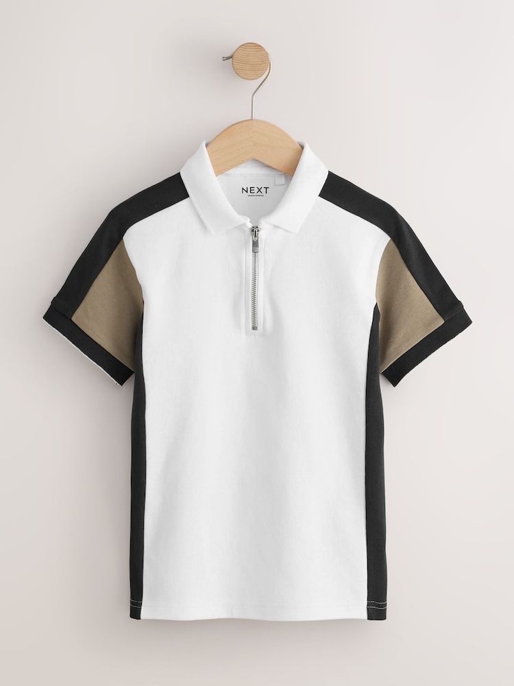 Black/Tan/White Colourblock Short Sleeve Zip Neck Polo Shirt (3-16yrs) - Image 1 of 4 Black/Tan/White Colourblock Short Sleeve Zip Neck Polo Shirt (3-16yrs) - Image 1 of 4