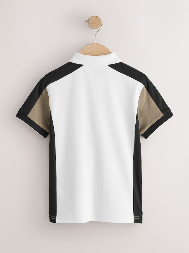 Black/Tan/White Colourblock Short Sleeve Zip Neck Polo Shirt (3-16yrs) - Image 2 of 4 Black/Tan/White Colourblock Short Sleeve Zip Neck Polo Shirt (3-16yrs) - Image 2 of 4