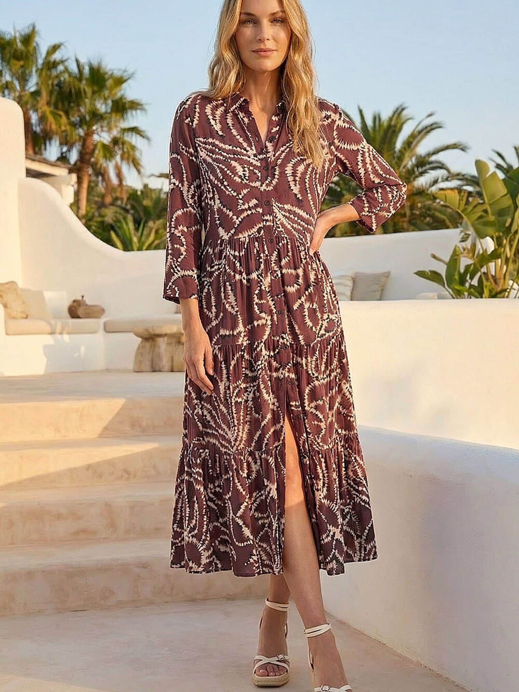 Roman Women's Brown Petite Tiered Midi Dress