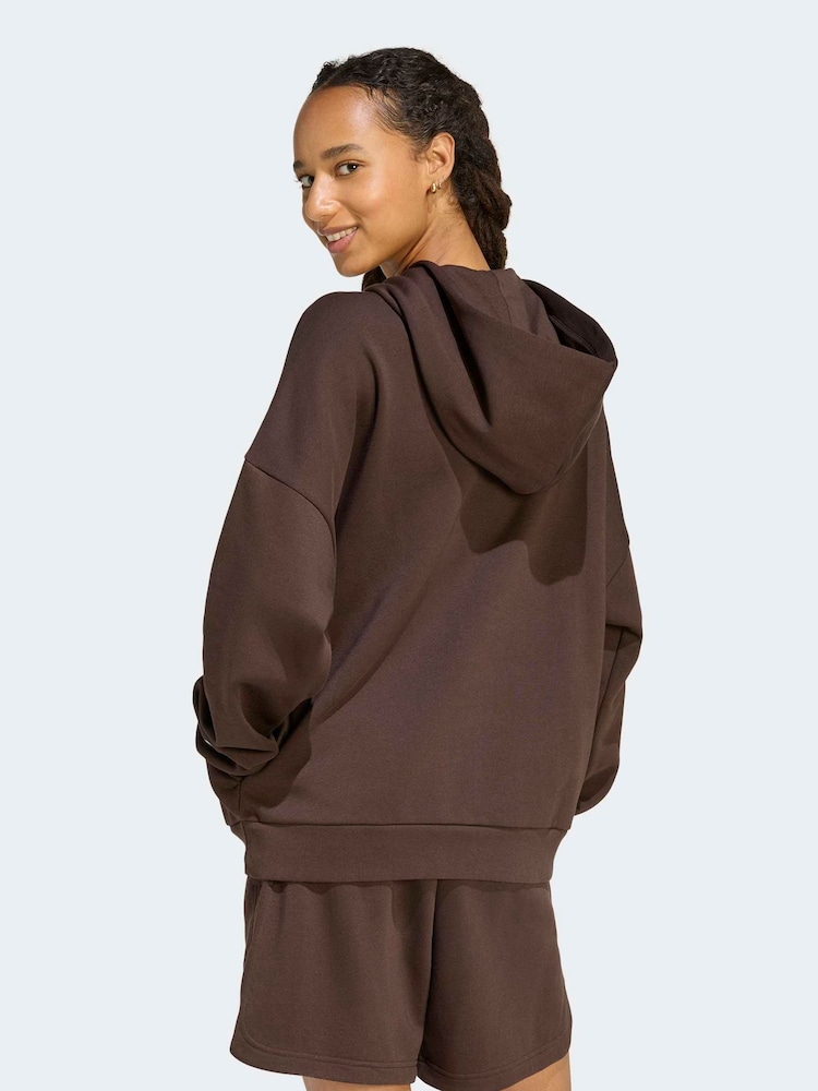 adidas Brown 3 Stripe Studio Fleece Hoodie - Image 2 of 6