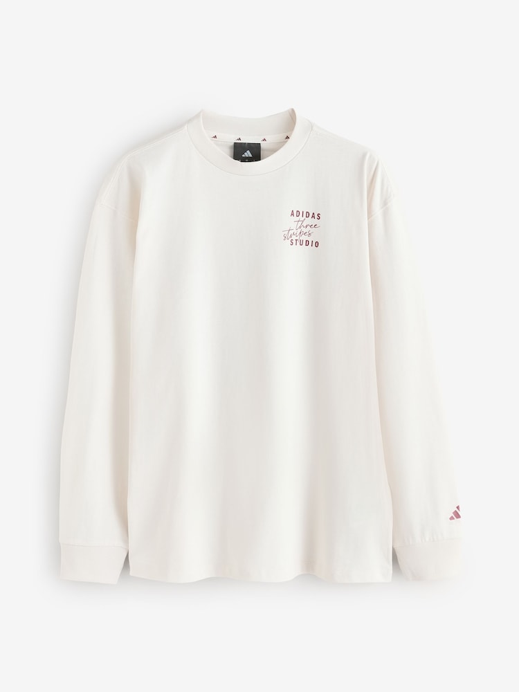 adidas White 3 Stripe Studio Graphic Long Sleeve Top - Image 1 of 1