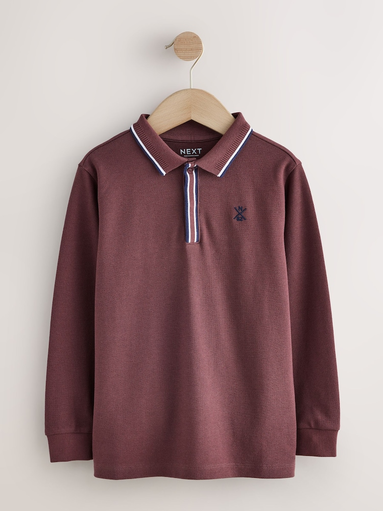 Rouge bordeaux - Long Sleeve Tipped Polo Shirt (3-16yrs) - Image 1 de 4