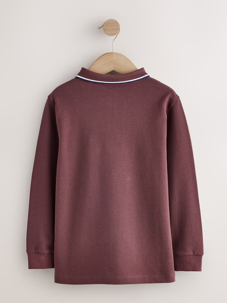 Rouge bordeaux - Long Sleeve Tipped Polo Shirt (3-16yrs) - Image 2 de 4