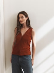Rust Brown Textured V-Neck Cami Top - Image 1 of 7