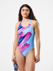 Speedo Blue Placement Printed Powerback Swimsuit - Image 1 of 6