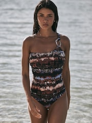 Brown/Blue Animal DD+ One Shoulder Hardware Wired Tummy Control Swimsuit - Image 1 of 6