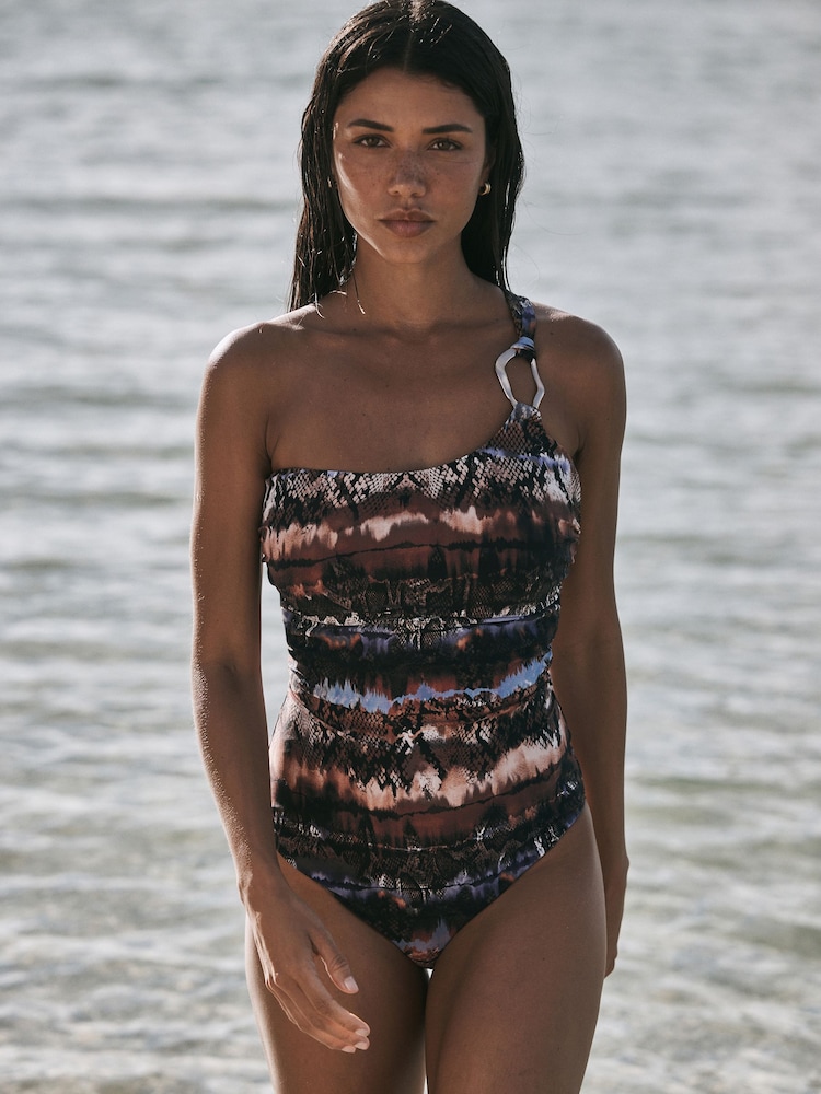 Brown/Blue Animal DD+ One Shoulder Hardware Wired Tummy Control Swimsuit - Image 1 of 6 Brown/Blue Animal DD+ One Shoulder Hardware Wired Tummy Control Swimsuit - Image 1 of 6