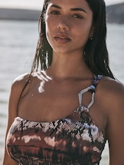 Brown/Blue Animal DD+ One Shoulder Hardware Wired Tummy Control Swimsuit - Image 2 of 6