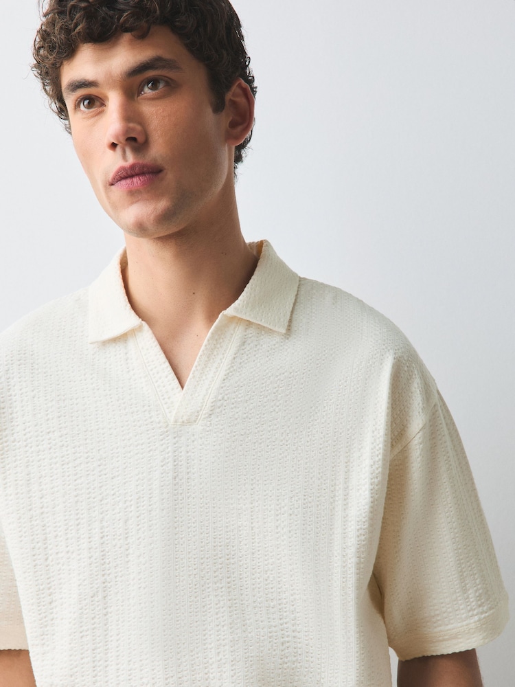 Ecru Seersucker Trophy Neck Textured Polo Shirt - Image 1 of 8 Ecru Seersucker Trophy Neck Textured Polo Shirt - Image 1 of 8