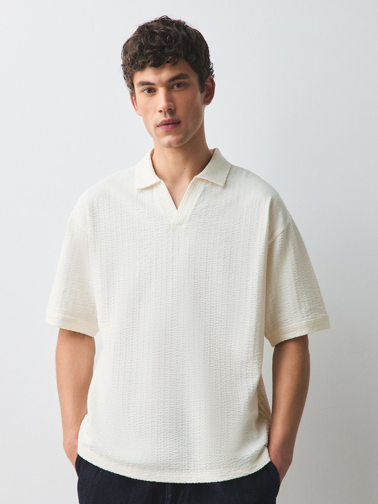 Ecru Seersucker Trophy Neck Textured Polo Shirt - Image 2 of 8 Ecru Seersucker Trophy Neck Textured Polo Shirt - Image 2 of 8
