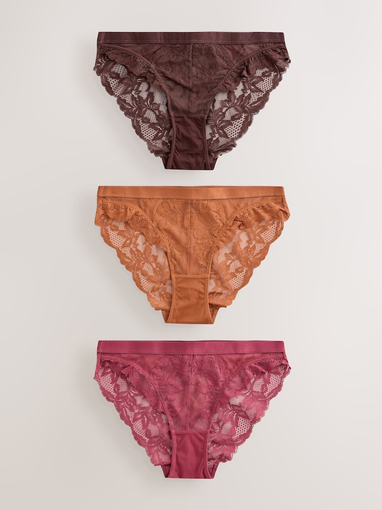 Burgundy Red/Chocolate/Yellow Lace High Leg Knickers 3 Pack - Image 1 of 7