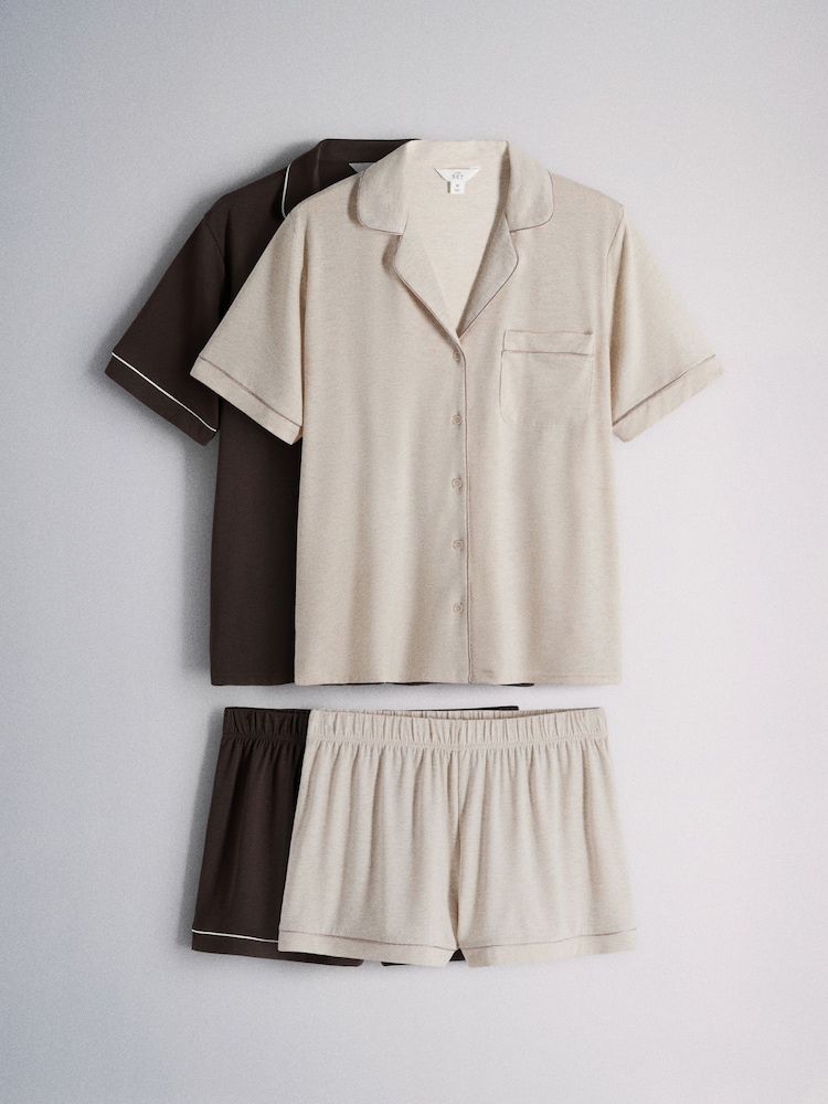 The Set 2 Pack Viscose Blend Button Through Pyjamas with Piping Oatmeal/Chocolate Brown - Image 1 of 7 The Set 2 Pack Viscose Blend Button Through Pyjamas with Piping Oatmeal/Chocolate Brown - Image 1 of 7