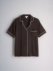 The Set 2 Pack Viscose Blend Button Through Pyjamas with Piping Oatmeal/Chocolate Brown - Image 4 of 7
