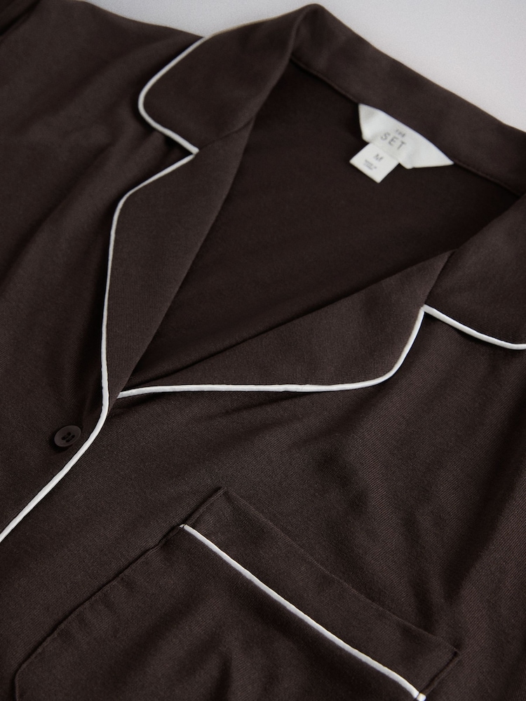 The Set 2 Pack Viscose Blend Button Through Pyjamas with Piping Oatmeal/Chocolate Brown - Image 7 of 7 The Set 2 Pack Viscose Blend Button Through Pyjamas with Piping Oatmeal/Chocolate Brown - Image 7 of 7