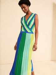 Love & Roses Green Petite And Blue Striped Wrap Front Knitted Midi Dress - Image 4 of 4