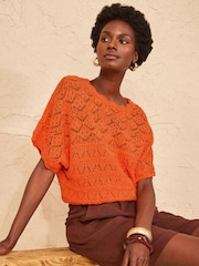 Pomarańczowy - Love & Roses Crochet Scallop Detail Knitted Batwing Top - Obraz 1 z 4