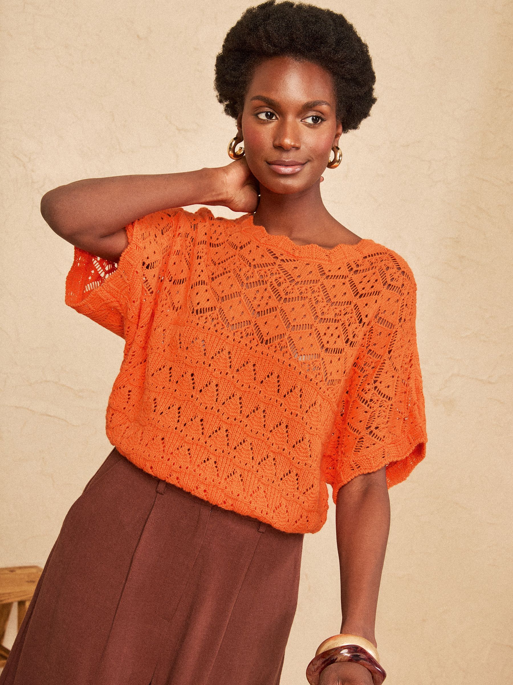 Buy Love & Roses Orange Crochet Scallop Detail Knitted Batwing Top