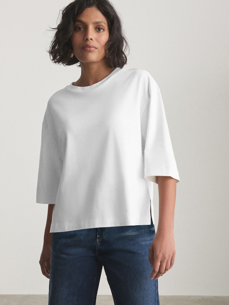 לבן - Boxy Short Sleeve Crew Neck T-Shirt - תמונה 1 מתוך 8