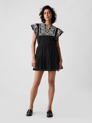 Gap Black Crinkle Gauze Embroidered Mini Dress - Image 1 of 4