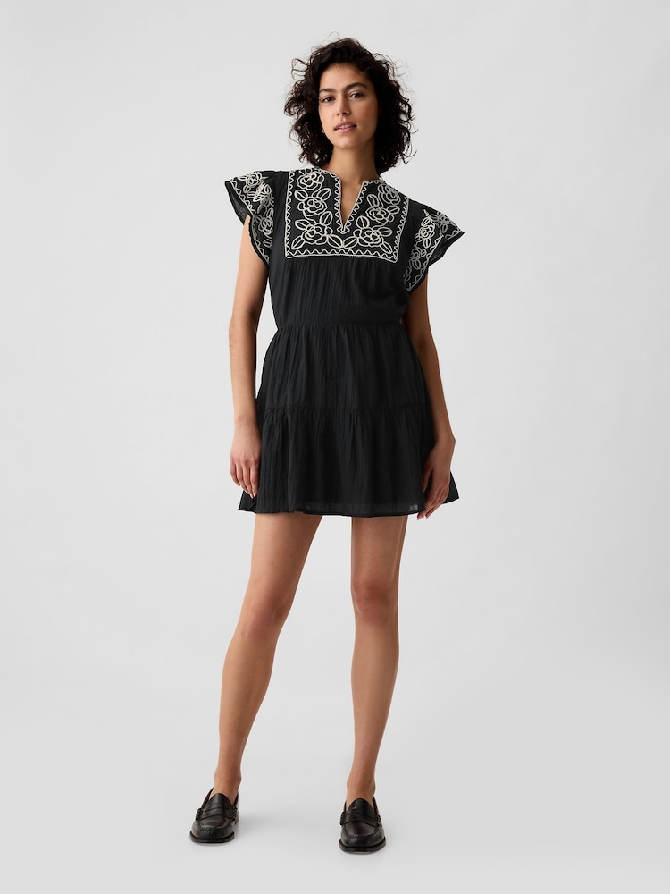 Gap Black Crinkle Gauze Embroidered Mini Dress - Image 1 of 4