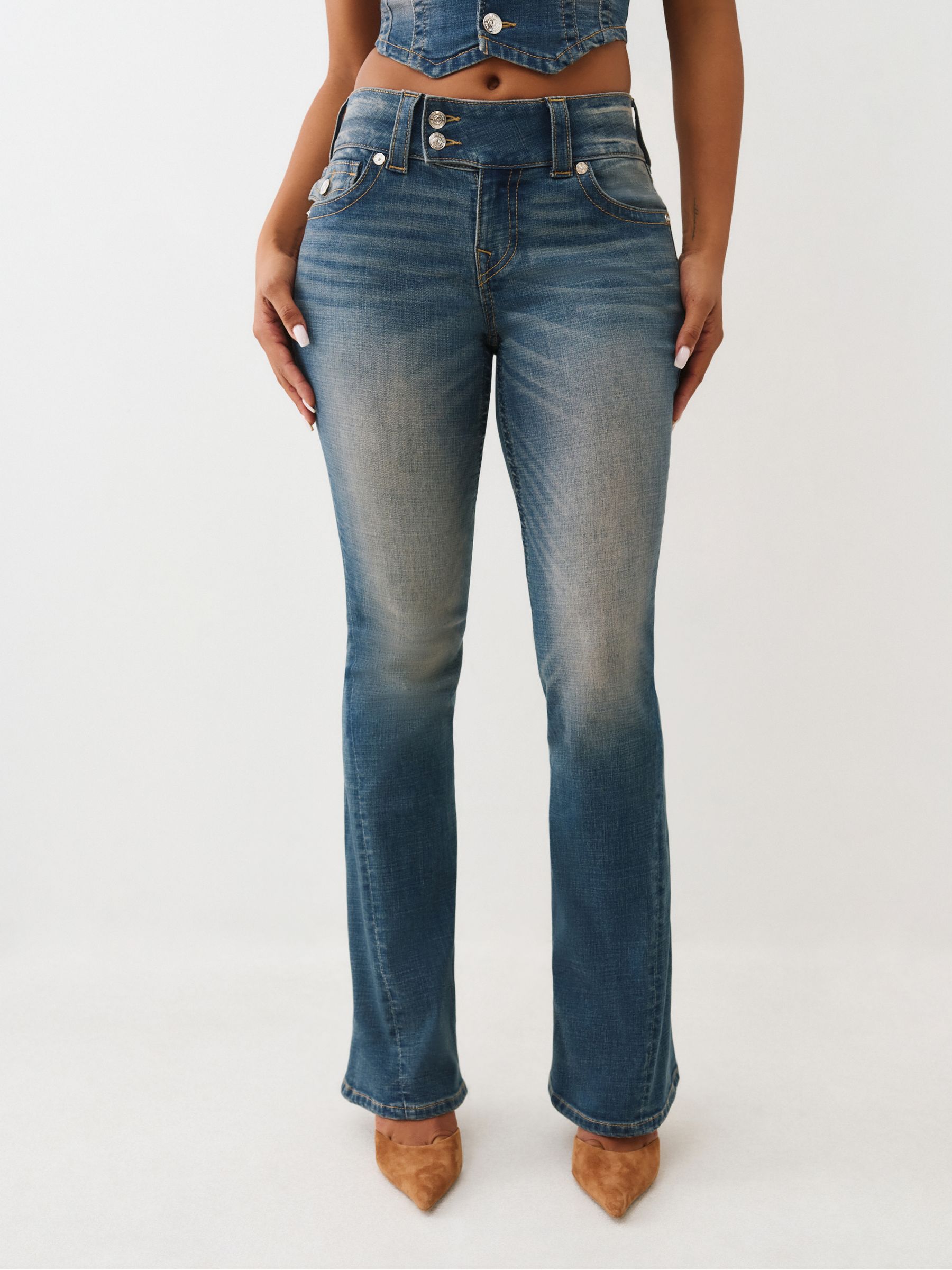 Buy True Religion Blue Joey Low Rise Flare Flap Jeans from the