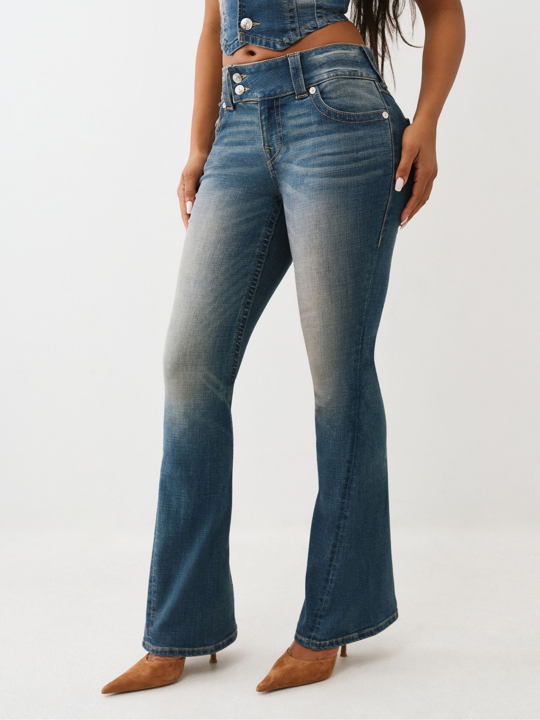Buy True Religion Blue Joey Low Rise Flare Flap Jeans from Next