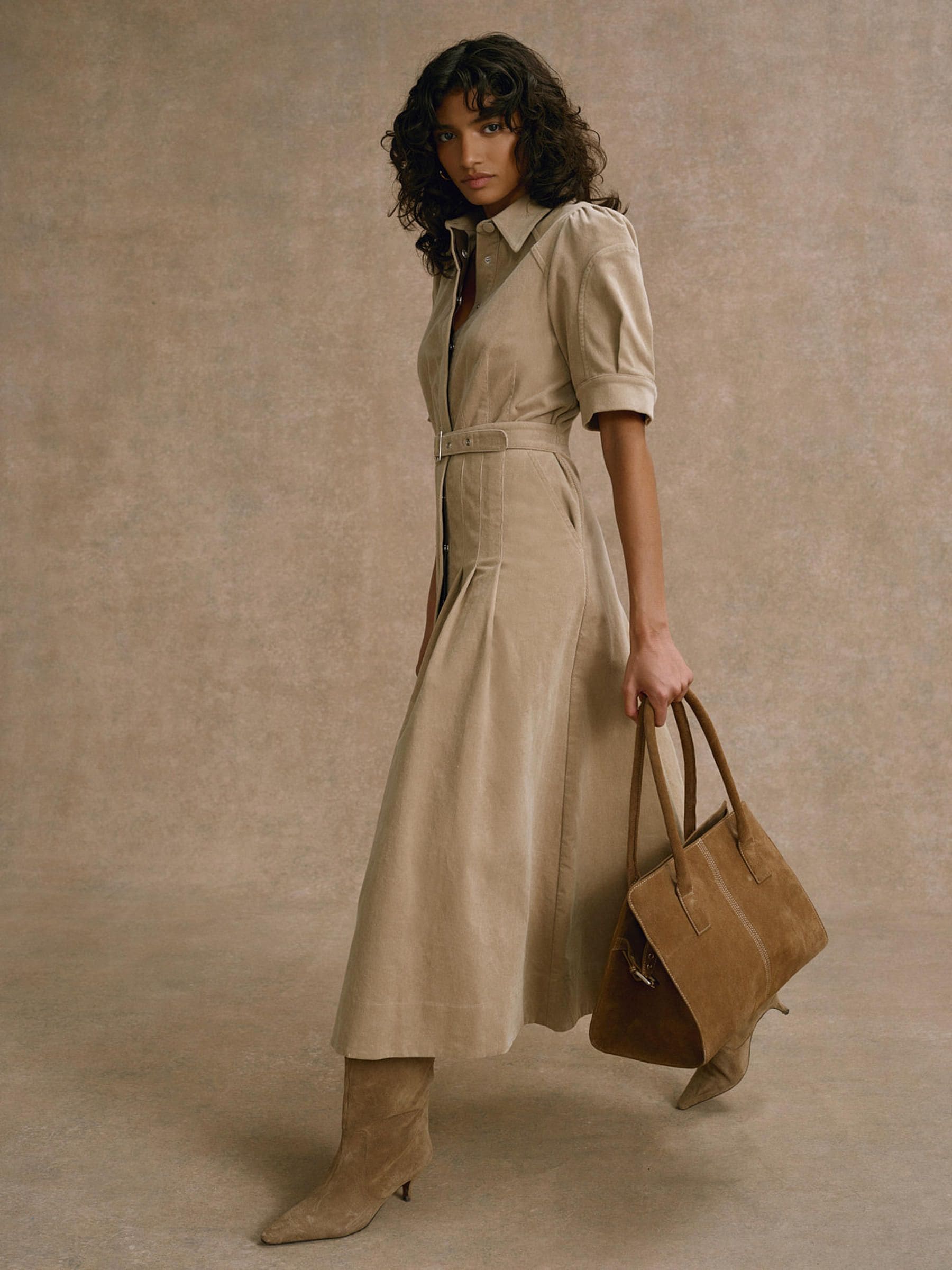 Buy Mint Velvet Natural Corduroy Belted Midi Dress from the Next