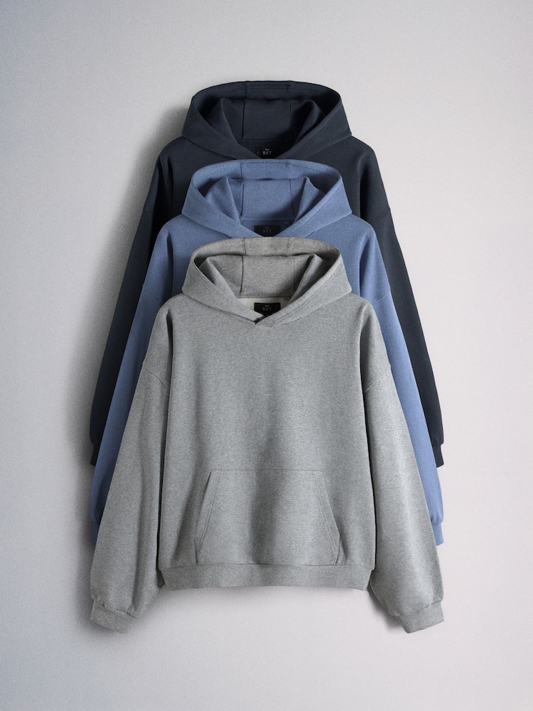 The Set 3 Pack Loopback Relaxed Fit Hoodies Blue/Grey - Image 1 of 6