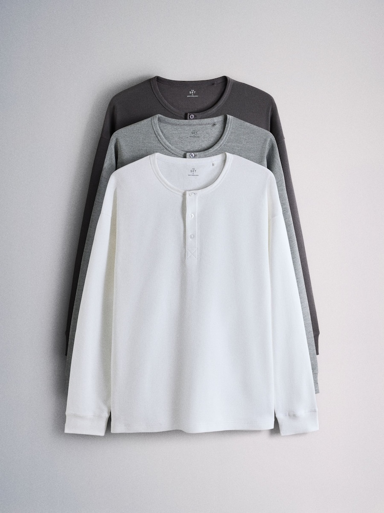 The Set 3 Pack Long Sleeve Waffle Henley T-Shirts Black/Grey - Image 1 of 6