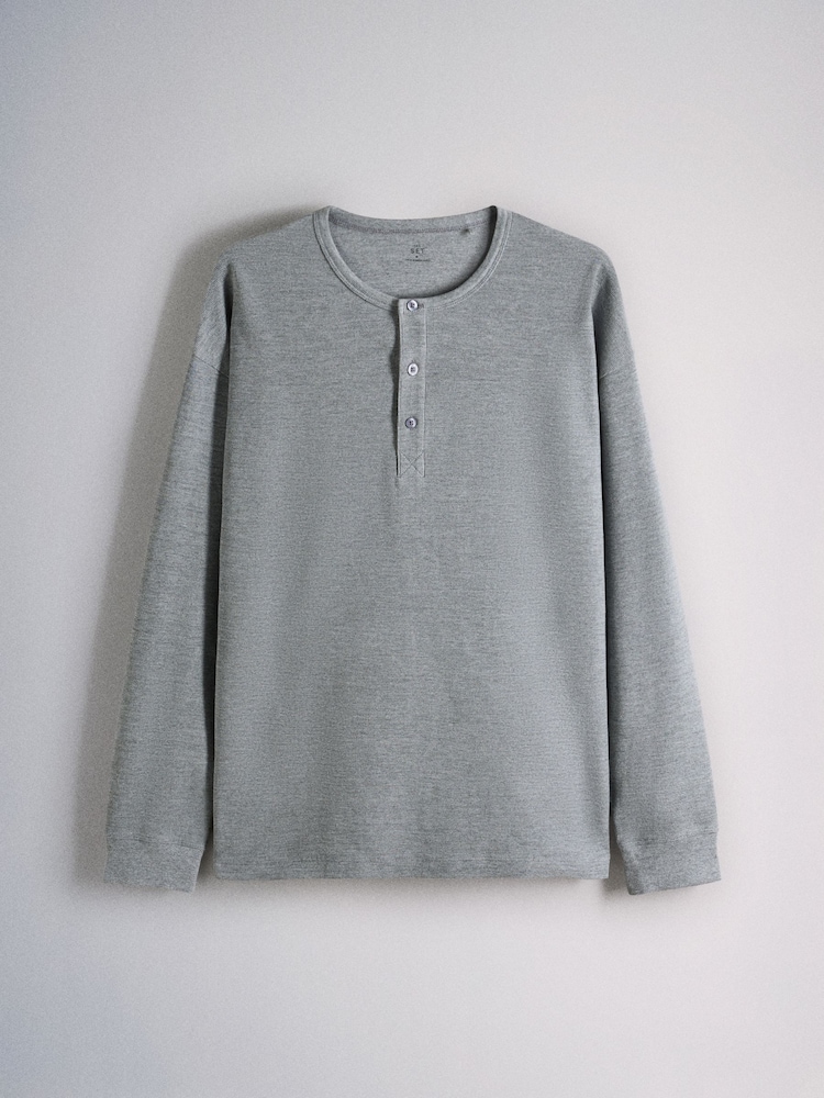 The Set 3 Pack Long Sleeve Waffle Henley T-Shirts Black/Grey - Image 2 of 6