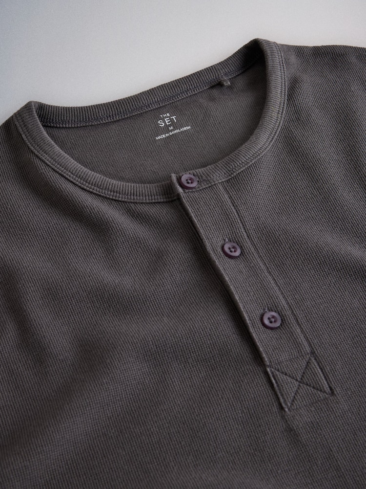 The Set 3 Pack Long Sleeve Waffle Henley T-Shirts Black/Grey - Image 6 of 6