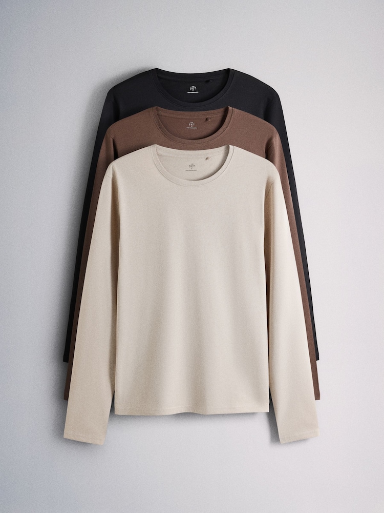 The Set 3 Pack Long Sleeve Regular T-Shirts Black/Brown - Image 1 of 6 The Set 3 Pack Long Sleeve Regular T-Shirts Black/Brown - Image 1 of 6
