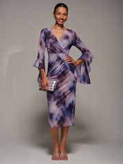 Jolie Moi Purple Ruffle Sleeve Ruched Mesh Bodycon Dress - Image 1 of 6