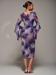 Jolie Moi Purple Ruffle Sleeve Ruched Mesh Bodycon Dress - Image 2 of 6