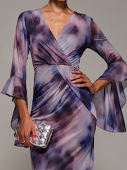 Jolie Moi Purple Ruffle Sleeve Ruched Mesh Bodycon Dress - Image 3 of 6