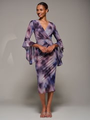 Jolie Moi Purple Ruffle Sleeve Ruched Mesh Bodycon Dress - Image 5 of 6