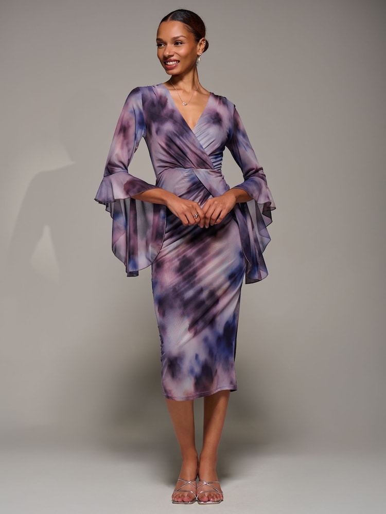 lilac mesh ruched bodycon dress PrettyLittleThing Lilac Mixed Print Mesh Ruched Strappy Bodycon Dress size 10