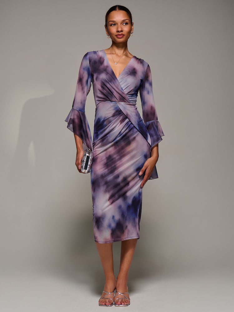 Jolie Moi Purple Ruffle Sleeve Ruched Mesh Bodycon Dress - Image 6 of 6 Jolie Moi Purple Ruffle Sleeve Ruched Mesh Bodycon Dress - Image 6 of 6