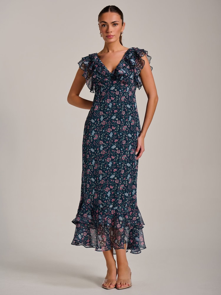 Jolie Moi Blue Ruffle V-Neckline Chiffon Midaxi Dress - Image 1 of 6 Jolie Moi Blue Ruffle V-Neckline Chiffon Midaxi Dress - Image 1 of 6