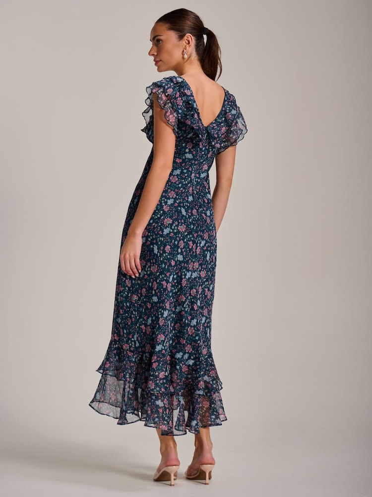 Jolie Moi Blue Ruffle V-Neckline Chiffon Midaxi Dress - Image 2 of 6 Jolie Moi Blue Ruffle V-Neckline Chiffon Midaxi Dress - Image 2 of 6