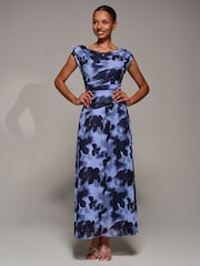 Jolie Moi Light  Blue Asymmetric Draped Mesh Maxi Dress - Image 5 of 6